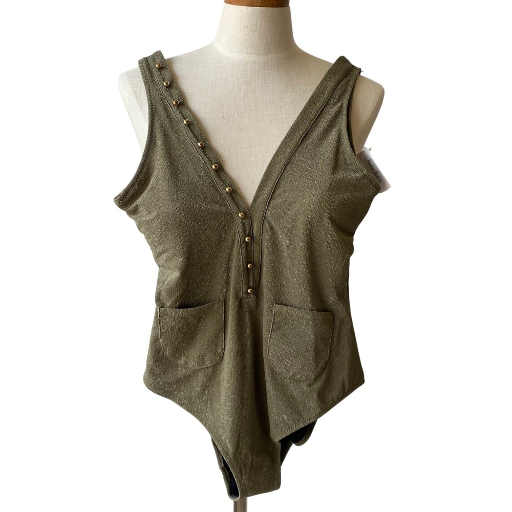 MOEVA Darla One Piece Swimsuit Women L Green Plunge V-neck Pockets Stretch NWT